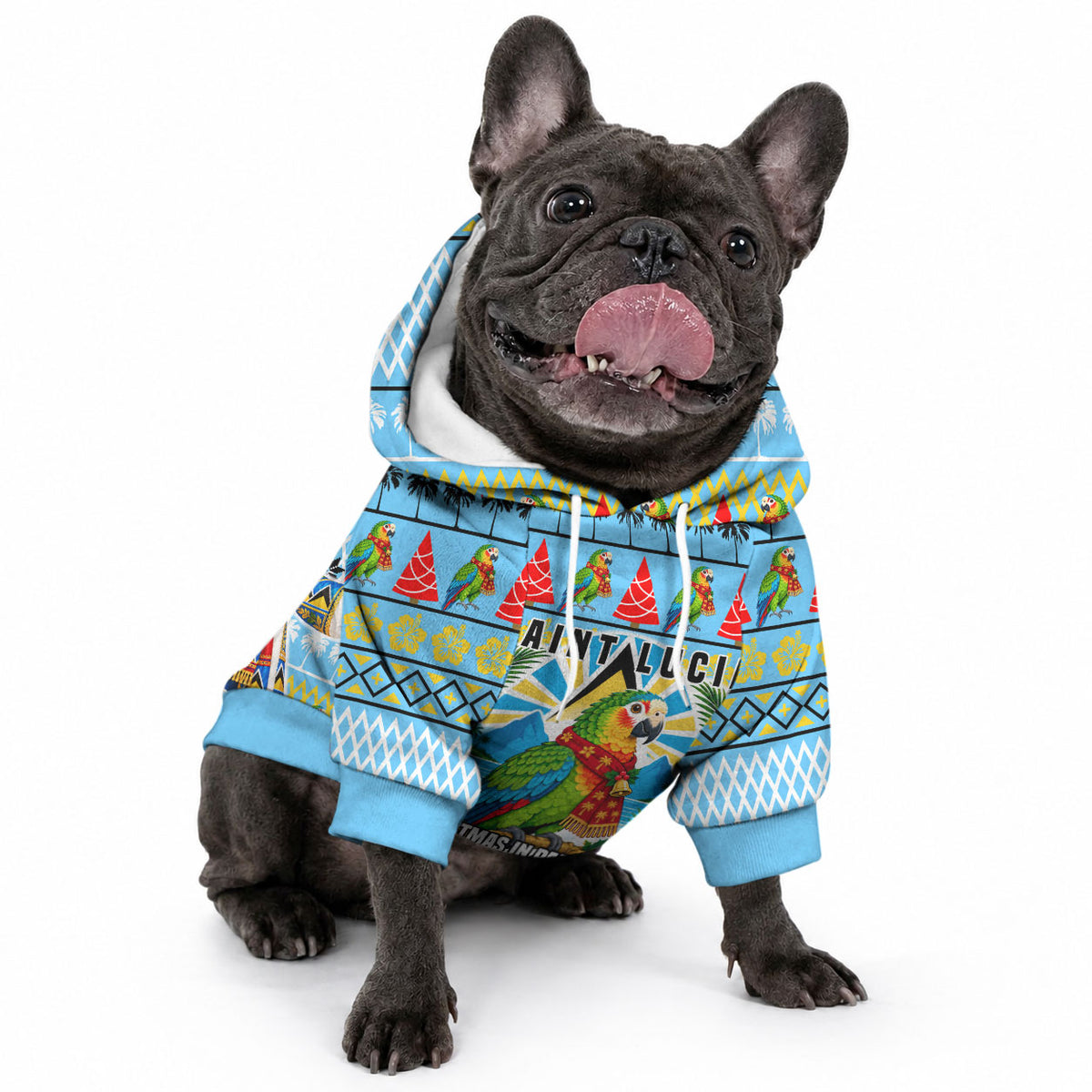 Saint Lucia Christmas In Paradise Pet Hoodie Tropical Parrot Santa Ugly Pattern Graphic Artwork