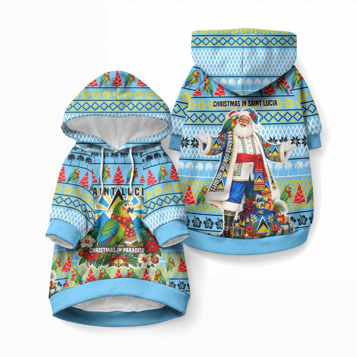 Saint Lucia Christmas In Paradise Pet Hoodie Tropical Parrot Santa Ugly Pattern Graphic Artwork
