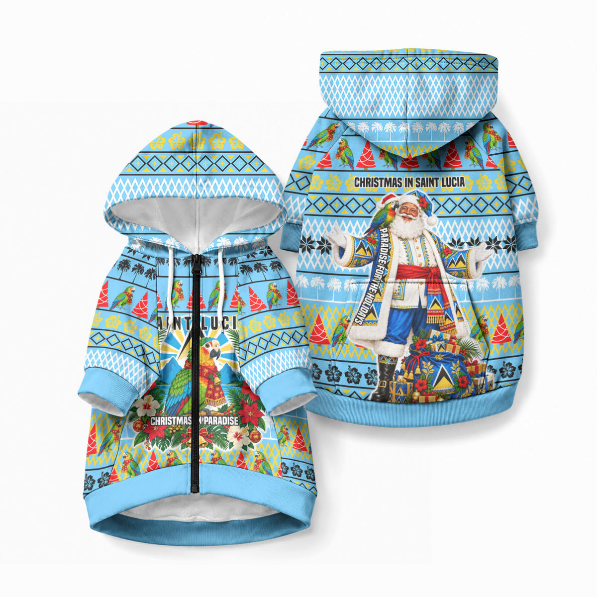 Saint Lucia Christmas In Paradise Pet Hoodie Tropical Parrot Santa Ugly Pattern Graphic Artwork