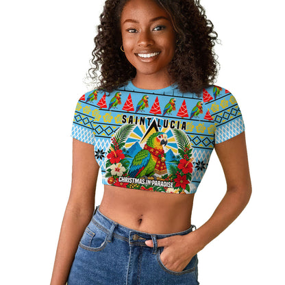 Saint Lucia Christmas In Paradise Raglan Cropped T shirt Tropical Parrot Santa Ugly Pattern Graphic Artwork