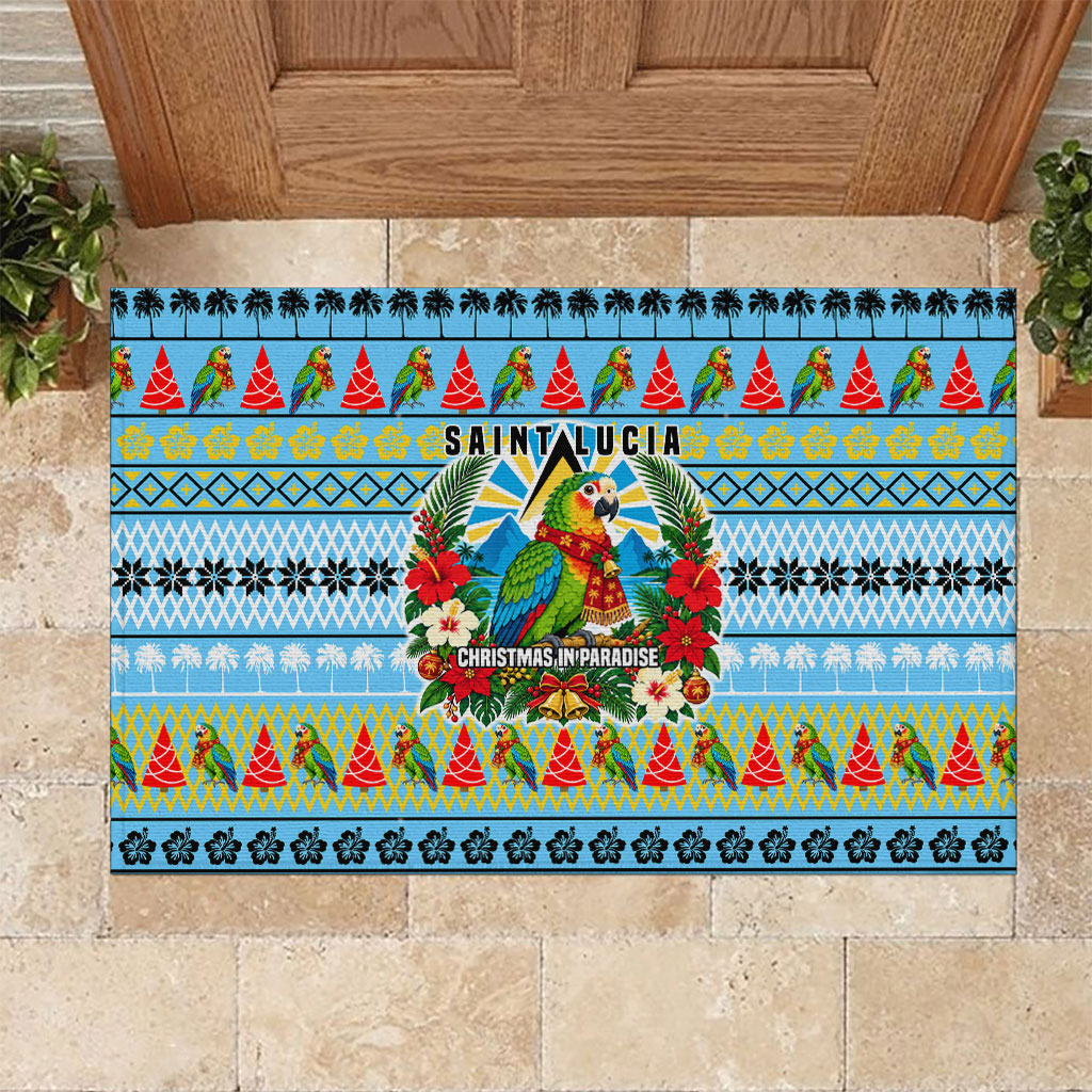 Saint Lucia Christmas In Paradise Rubber Doormat Tropical Parrot Santa Ugly Pattern Graphic Artwork