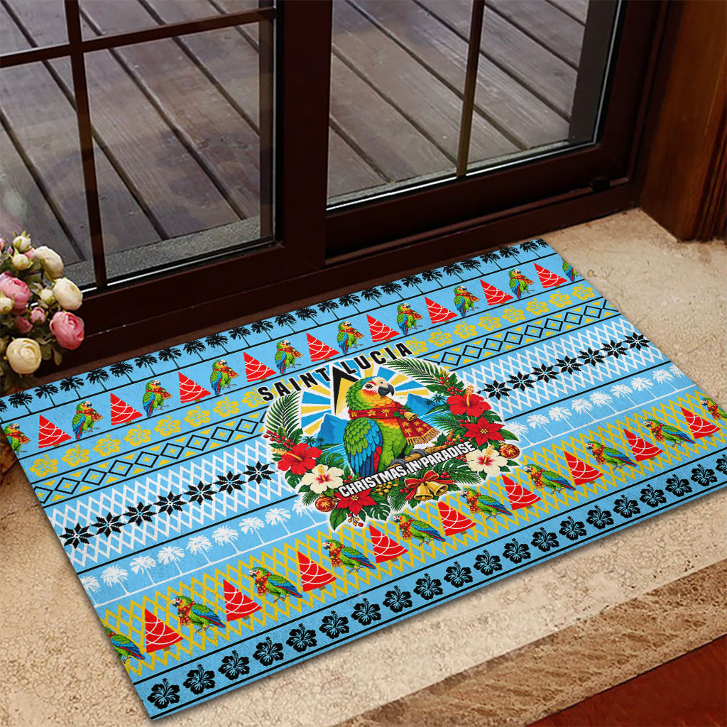 Saint Lucia Christmas In Paradise Rubber Doormat Tropical Parrot Santa Ugly Pattern Graphic Artwork