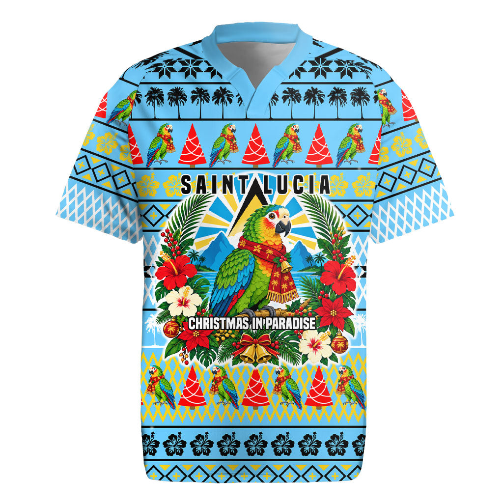 Saint Lucia Christmas In Paradise Rugby Jersey Tropical Parrot Santa Ugly Pattern Graphic Artwork
