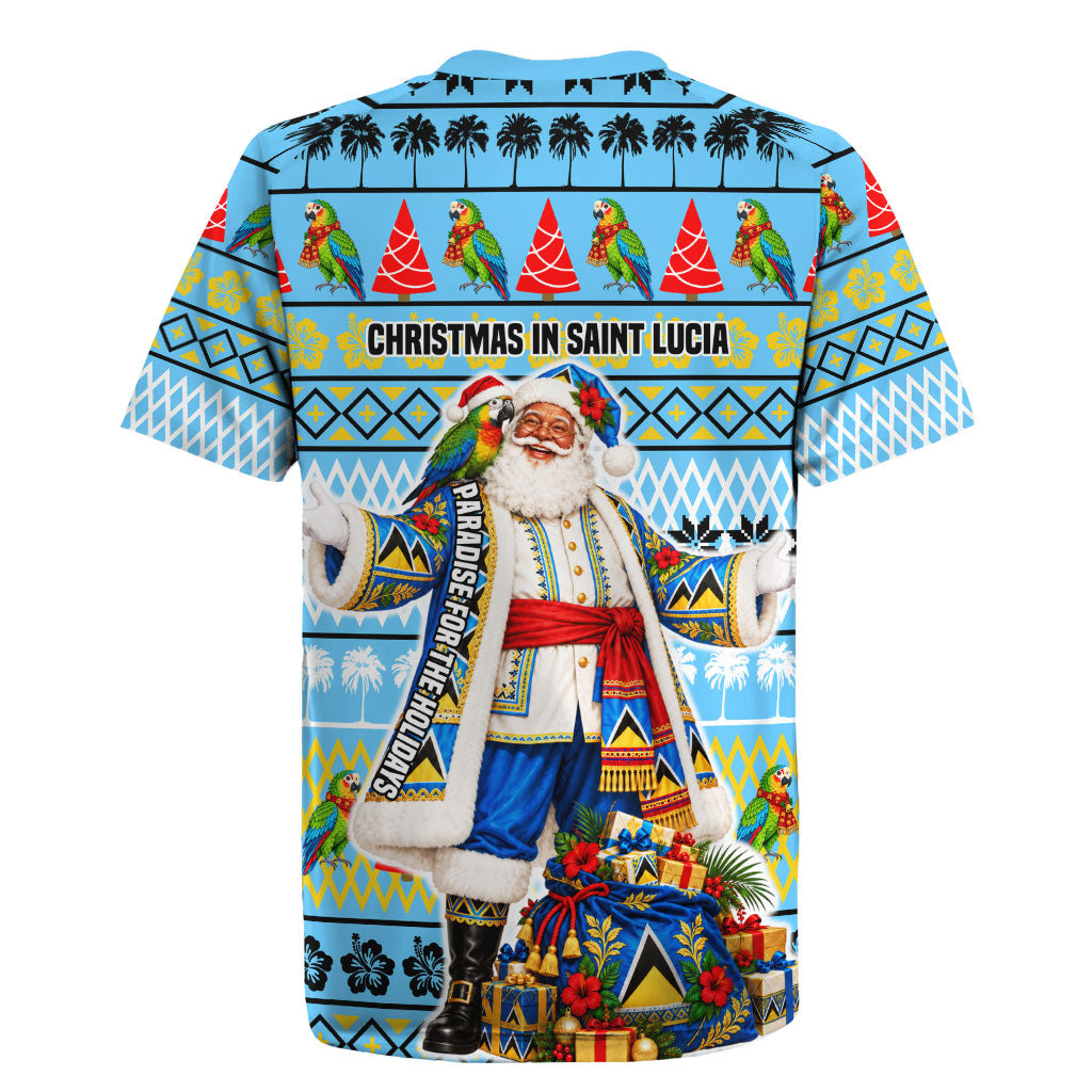 Saint Lucia Christmas In Paradise Rugby Jersey Tropical Parrot Santa Ugly Pattern Graphic Artwork