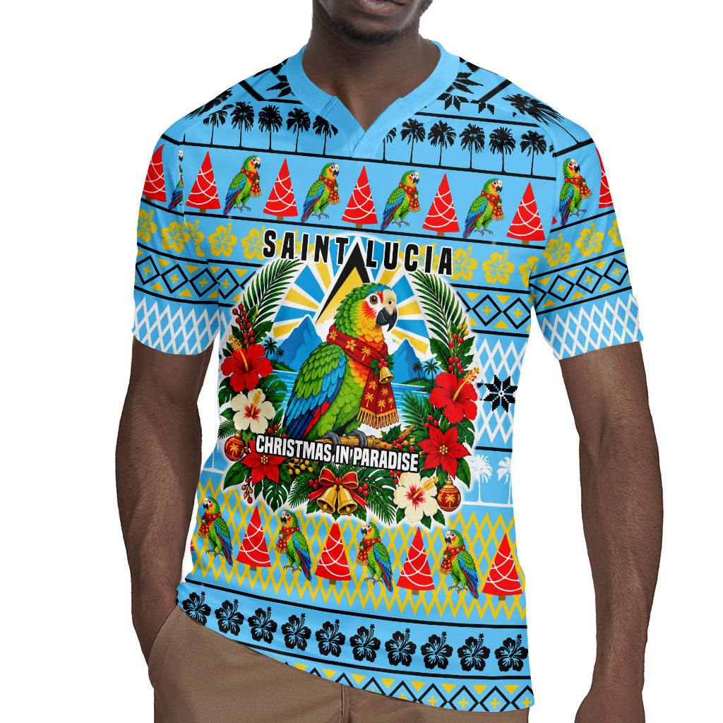 Saint Lucia Christmas In Paradise Rugby Jersey Tropical Parrot Santa Ugly Pattern Graphic Artwork