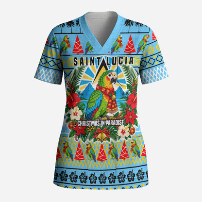 Saint Lucia Christmas In Paradise Scrub Top Tropical Parrot Santa Ugly Pattern Graphic Artwork