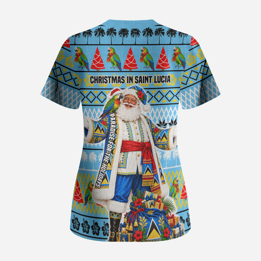 Saint Lucia Christmas In Paradise Scrub Top Tropical Parrot Santa Ugly Pattern Graphic Artwork