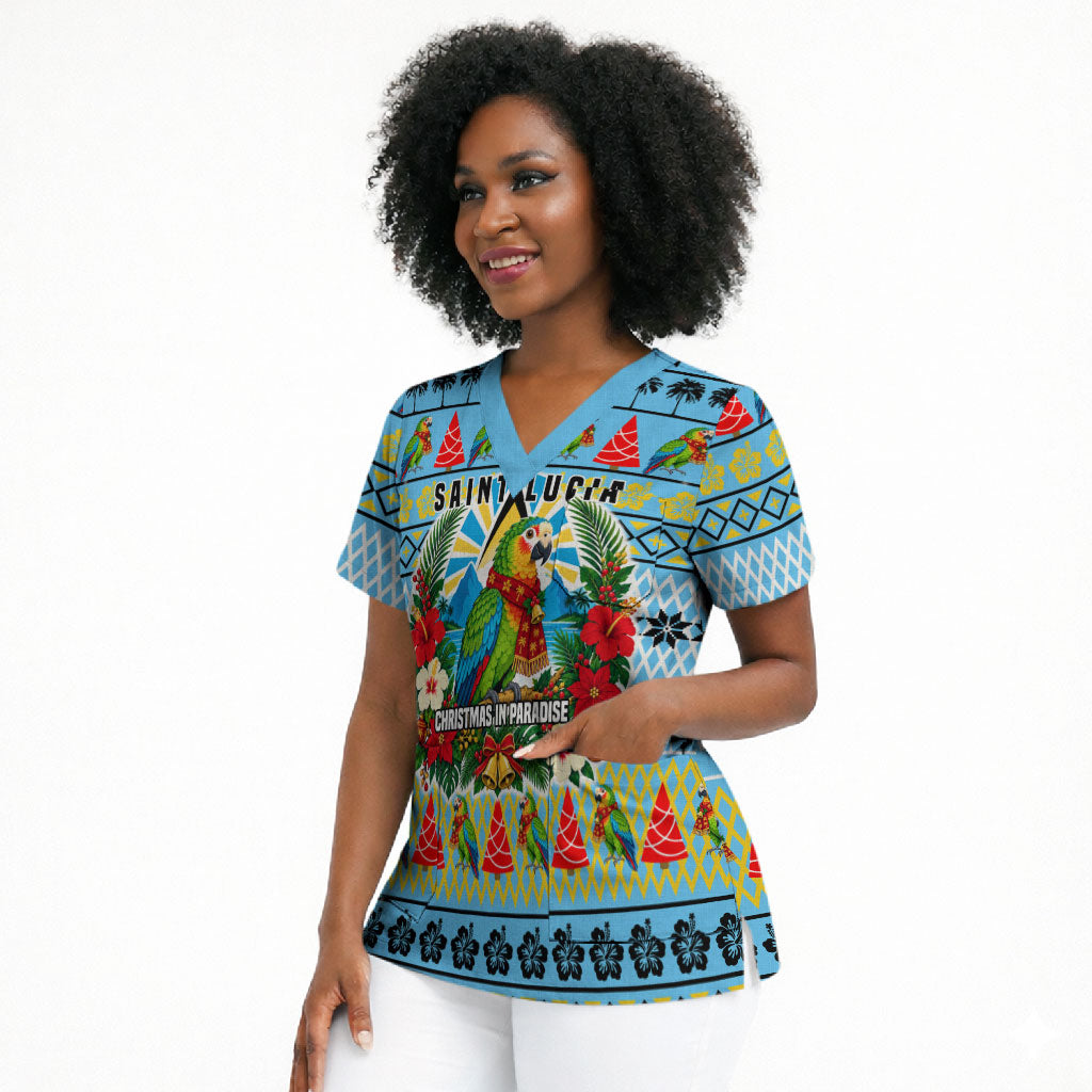 Saint Lucia Christmas In Paradise Scrub Top Tropical Parrot Santa Ugly Pattern Graphic Artwork