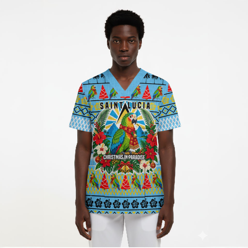 Saint Lucia Christmas In Paradise Scrub Top Tropical Parrot Santa Ugly Pattern Graphic Artwork