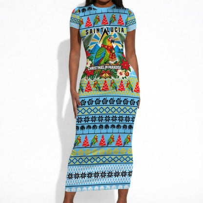 Saint Lucia Christmas In Paradise Short Sleeve Bodycon Dress Tropical Parrot Santa Ugly Pattern Graphic Artwork