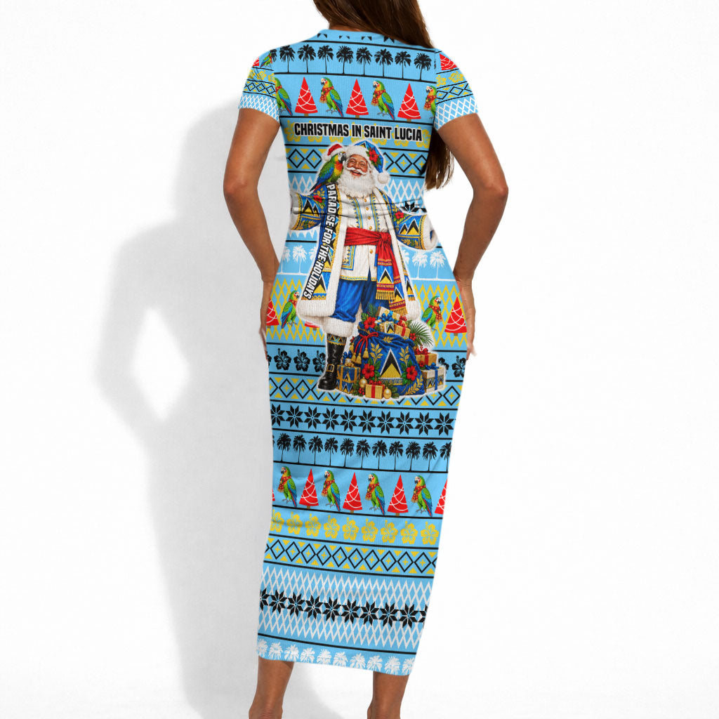 Saint Lucia Christmas In Paradise Short Sleeve Bodycon Dress Tropical Parrot Santa Ugly Pattern Graphic Artwork