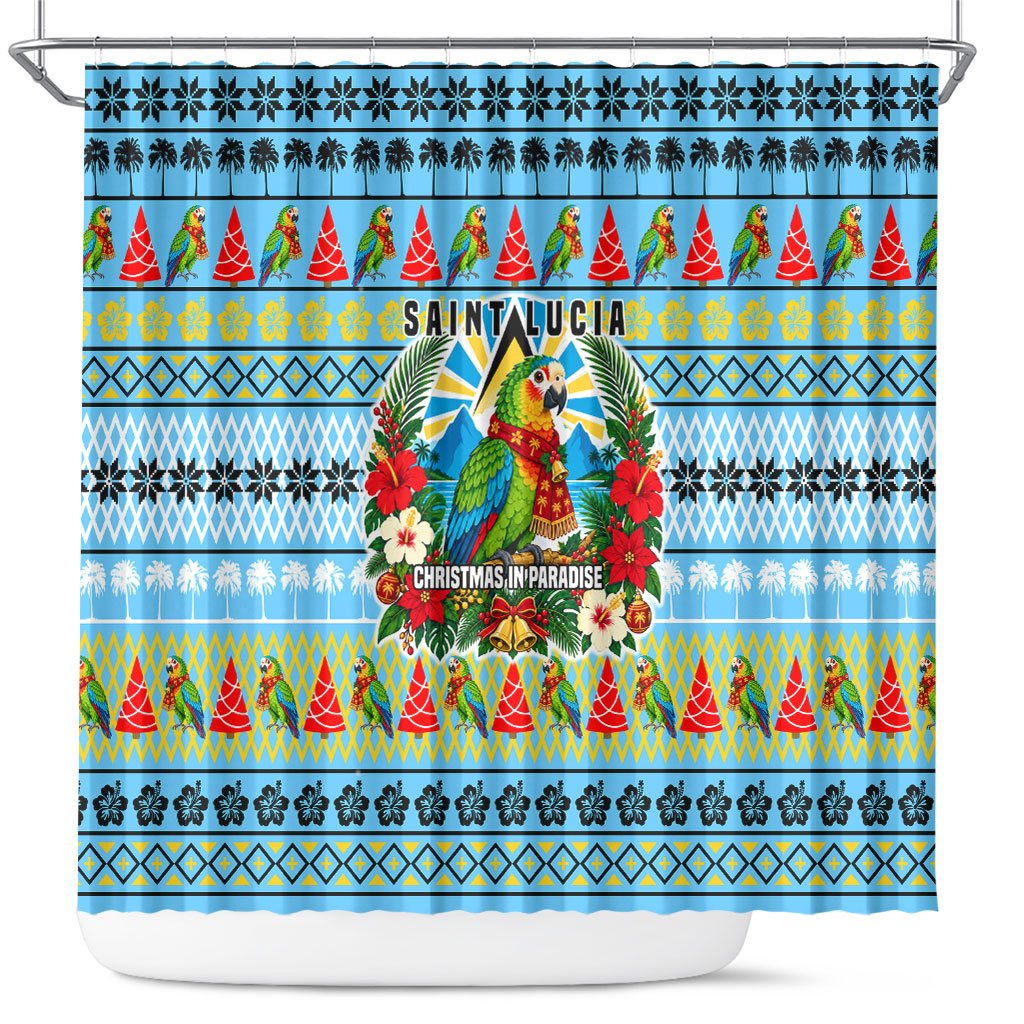Saint Lucia Christmas In Paradise Shower Curtain Tropical Parrot Santa Ugly Pattern Graphic Artwork