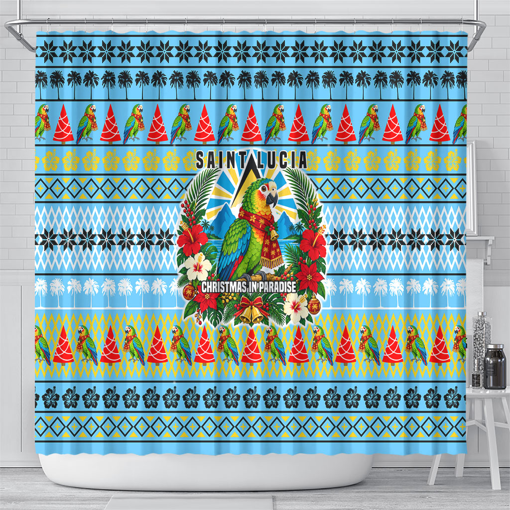 Saint Lucia Christmas In Paradise Shower Curtain Tropical Parrot Santa Ugly Pattern Graphic Artwork