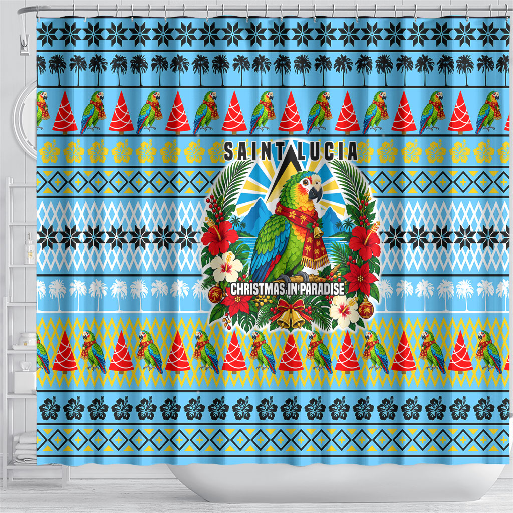 Saint Lucia Christmas In Paradise Shower Curtain Tropical Parrot Santa Ugly Pattern Graphic Artwork