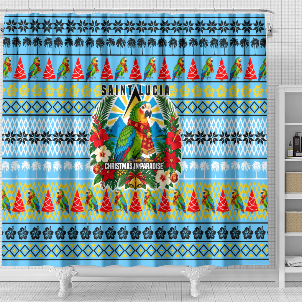 Saint Lucia Christmas In Paradise Shower Curtain Tropical Parrot Santa Ugly Pattern Graphic Artwork