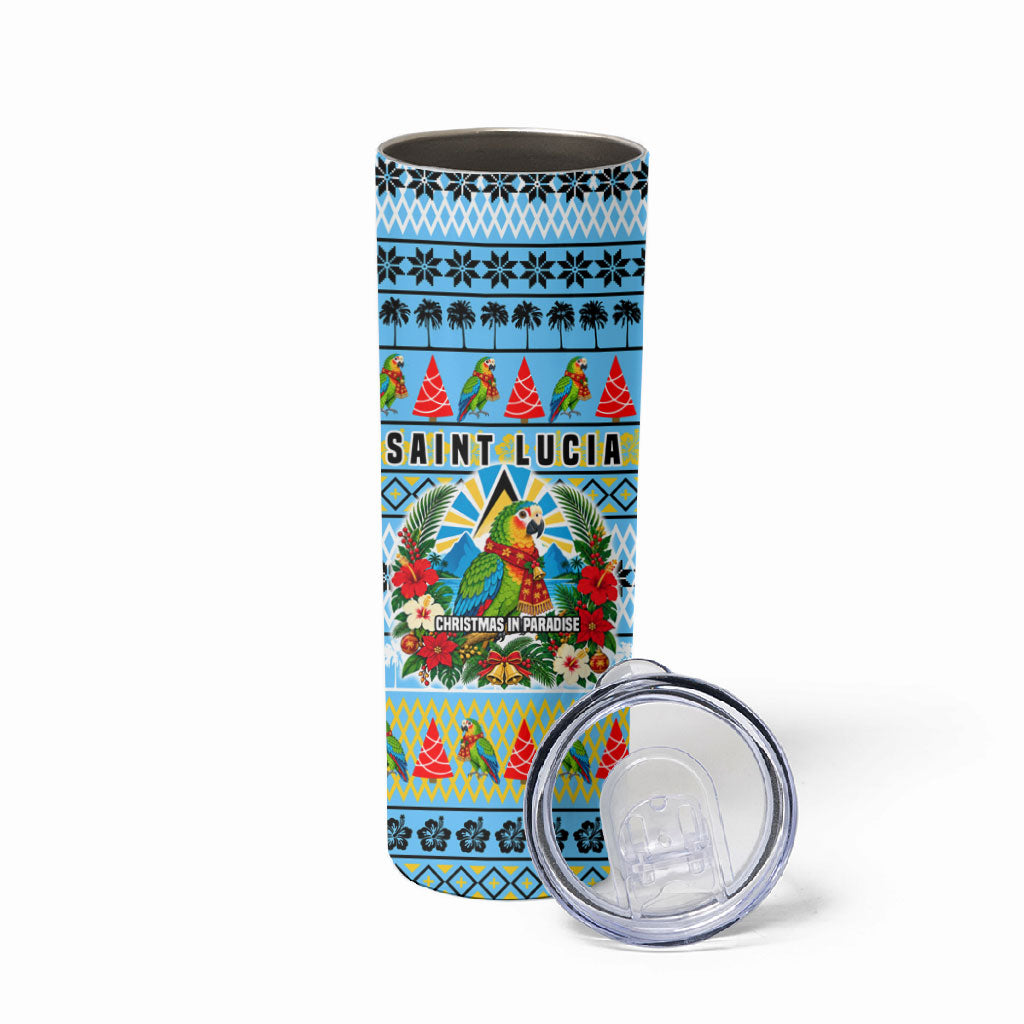 Saint Lucia Christmas In Paradise Skinny Tumbler Tropical Parrot Santa Ugly Pattern Graphic Artwork