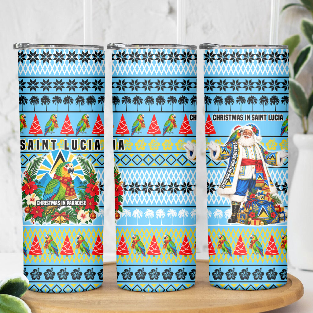 Saint Lucia Christmas In Paradise Skinny Tumbler Tropical Parrot Santa Ugly Pattern Graphic Artwork
