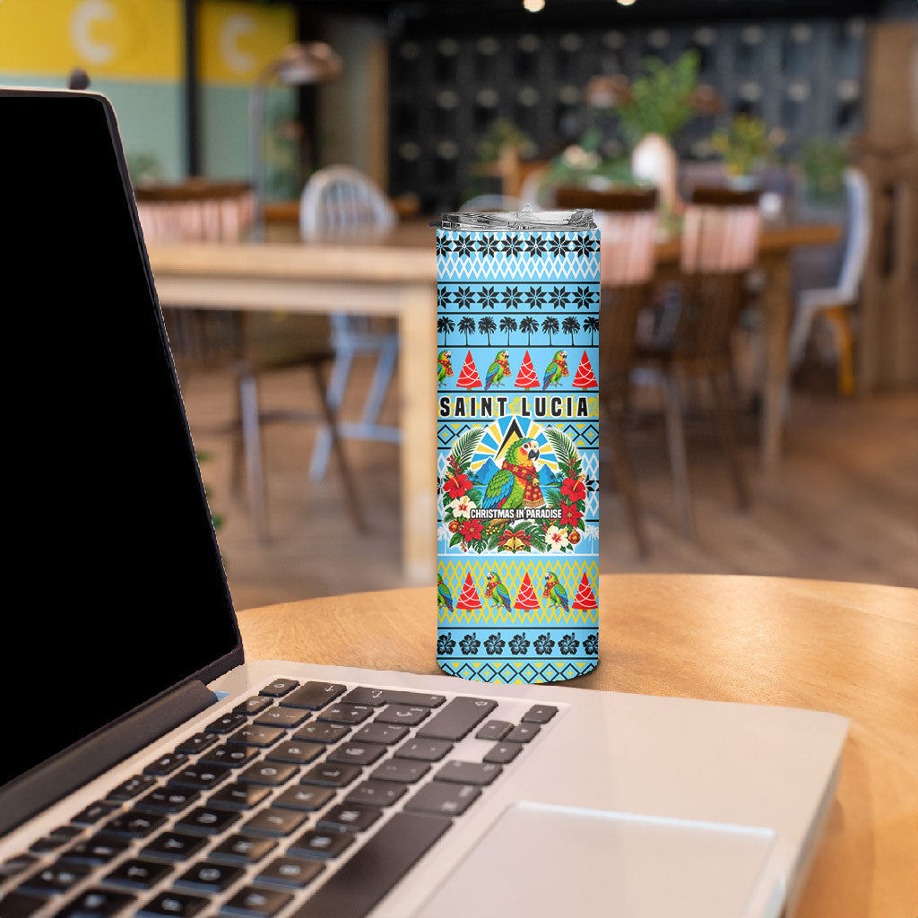 Saint Lucia Christmas In Paradise Skinny Tumbler Tropical Parrot Santa Ugly Pattern Graphic Artwork