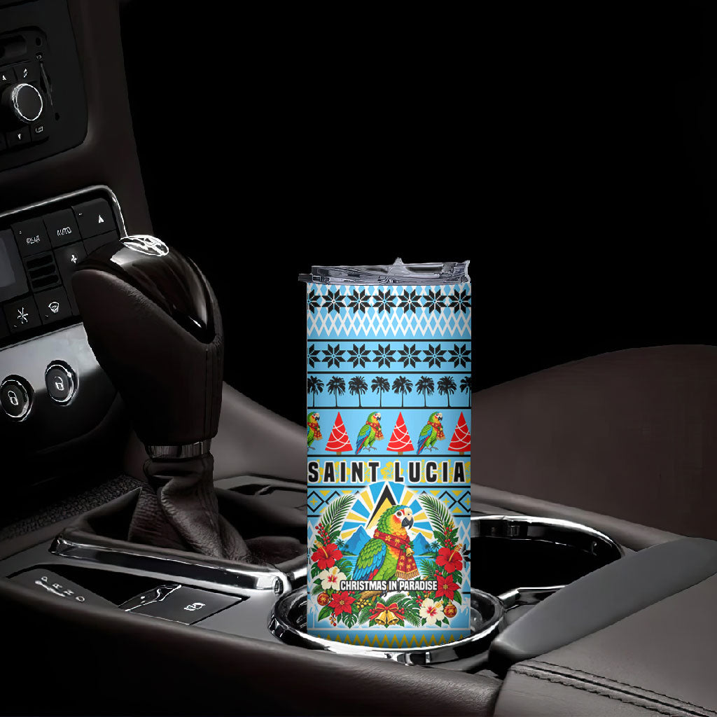 Saint Lucia Christmas In Paradise Skinny Tumbler Tropical Parrot Santa Ugly Pattern Graphic Artwork