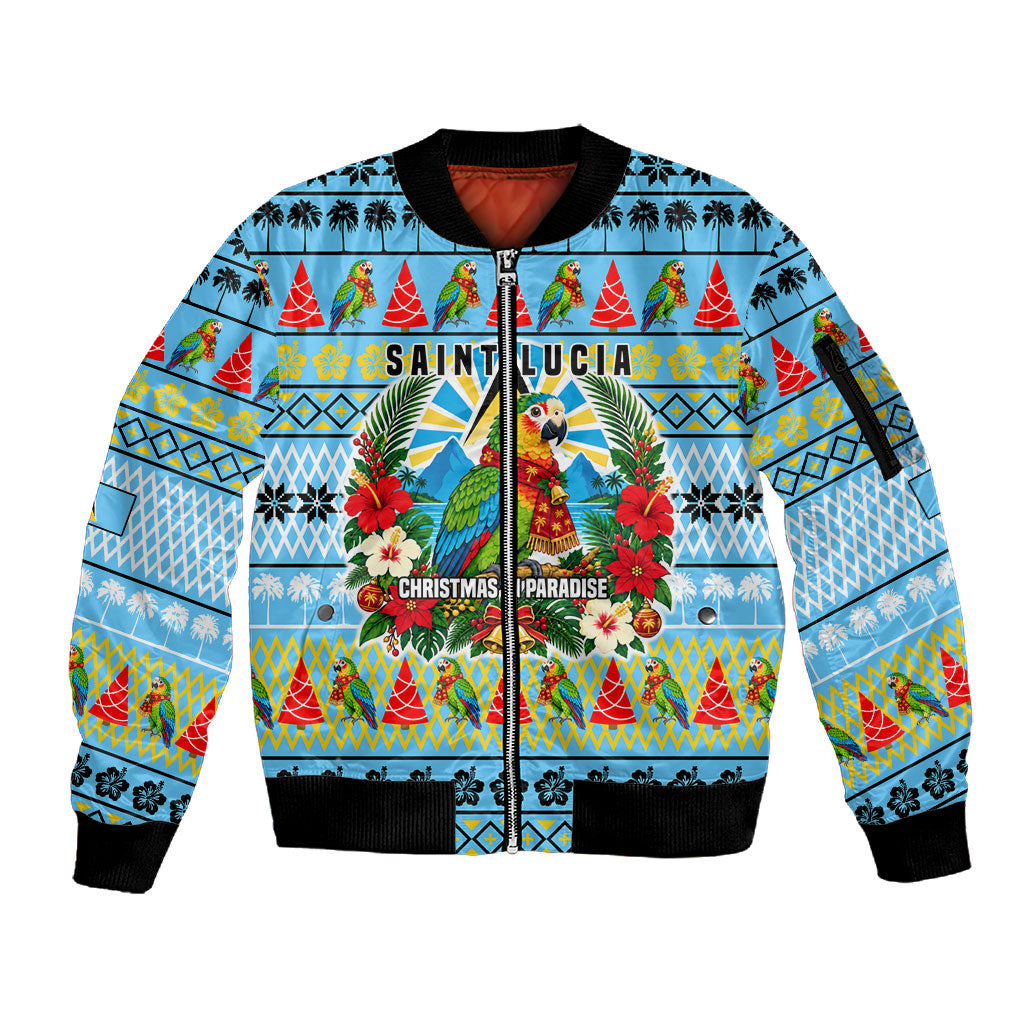 Saint Lucia Christmas In Paradise Sleeve Zip Bomber Jacket Tropical Parrot Santa Ugly Pattern Graphic Artwork