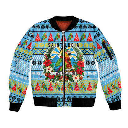Saint Lucia Christmas In Paradise Sleeve Zip Bomber Jacket Tropical Parrot Santa Ugly Pattern Graphic Artwork