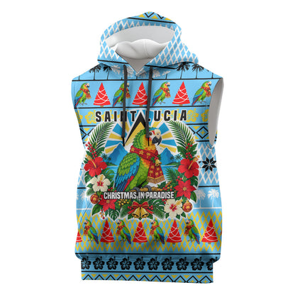 Saint Lucia Christmas In Paradise Sleeveless Hoodie Tropical Parrot Santa Ugly Pattern Graphic Artwork