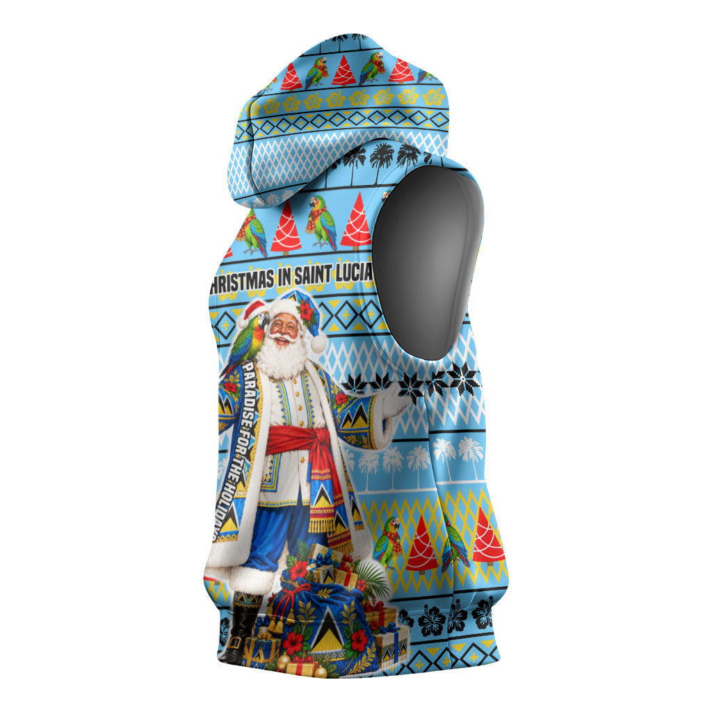Saint Lucia Christmas In Paradise Sleeveless Hoodie Tropical Parrot Santa Ugly Pattern Graphic Artwork