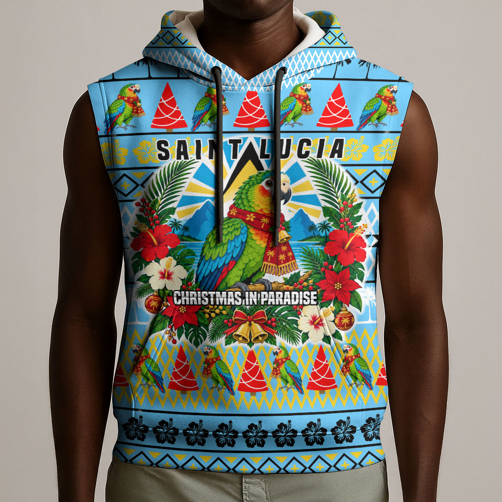 Saint Lucia Christmas In Paradise Sleeveless Hoodie Tropical Parrot Santa Ugly Pattern Graphic Artwork