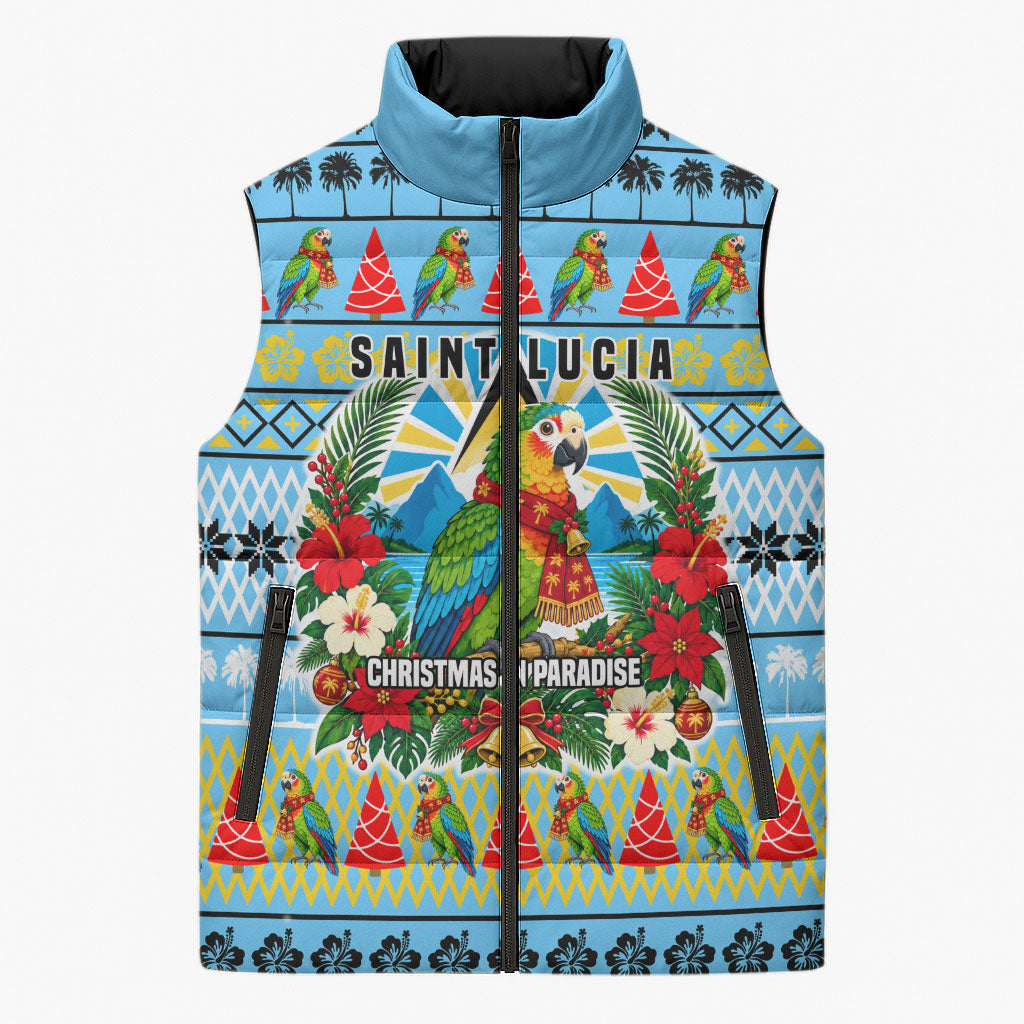 Saint Lucia Christmas In Paradise Sleeveless Puffer Jacket Tropical Parrot Santa Ugly Pattern Graphic Artwork