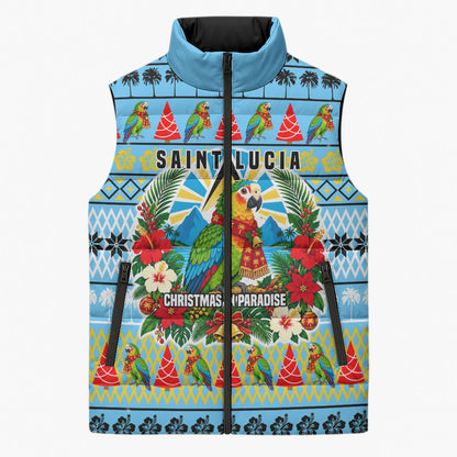 Saint Lucia Christmas In Paradise Sleeveless Puffer Jacket Tropical Parrot Santa Ugly Pattern Graphic Artwork