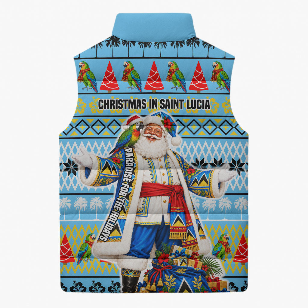 Saint Lucia Christmas In Paradise Sleeveless Puffer Jacket Tropical Parrot Santa Ugly Pattern Graphic Artwork