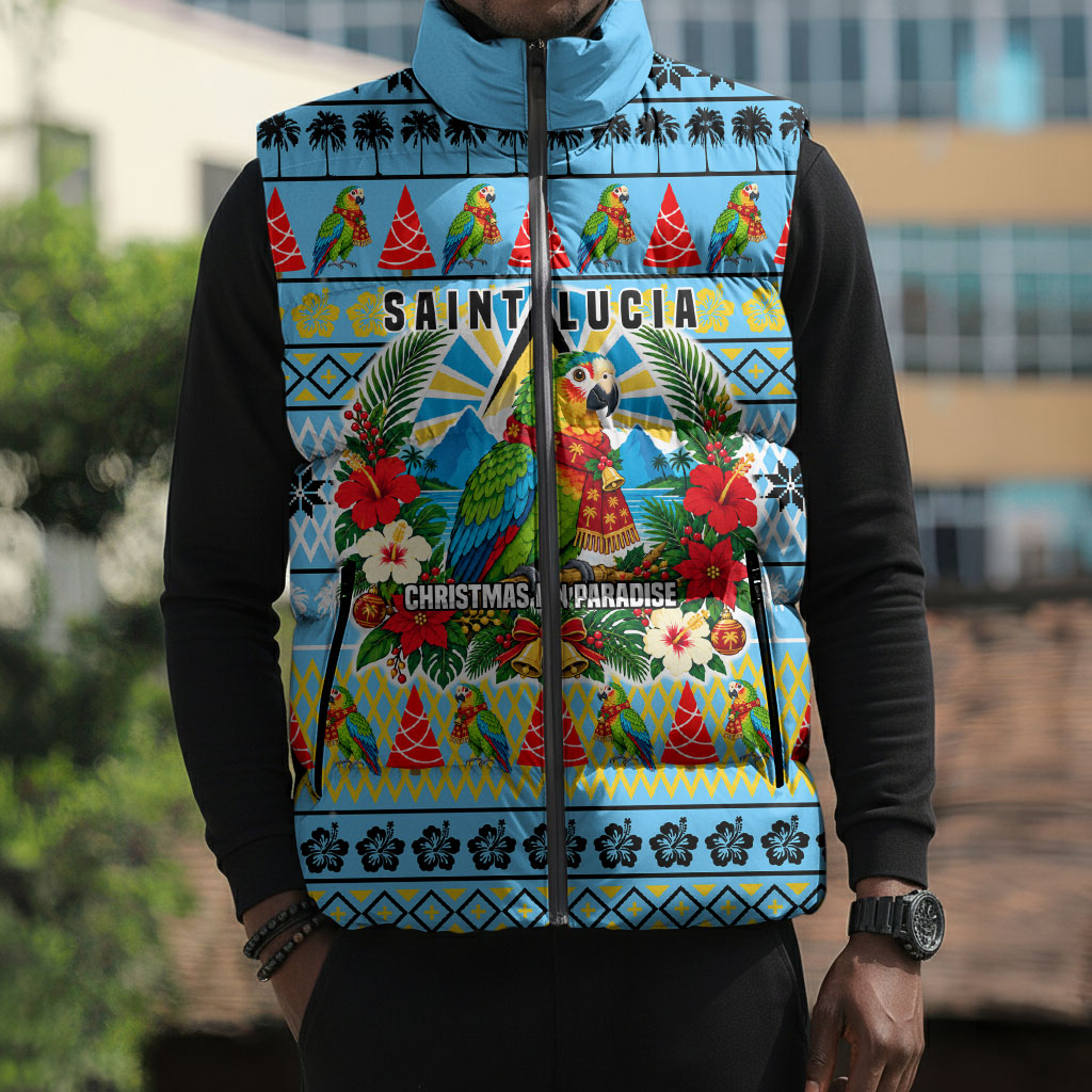 Saint Lucia Christmas In Paradise Sleeveless Puffer Jacket Tropical Parrot Santa Ugly Pattern Graphic Artwork