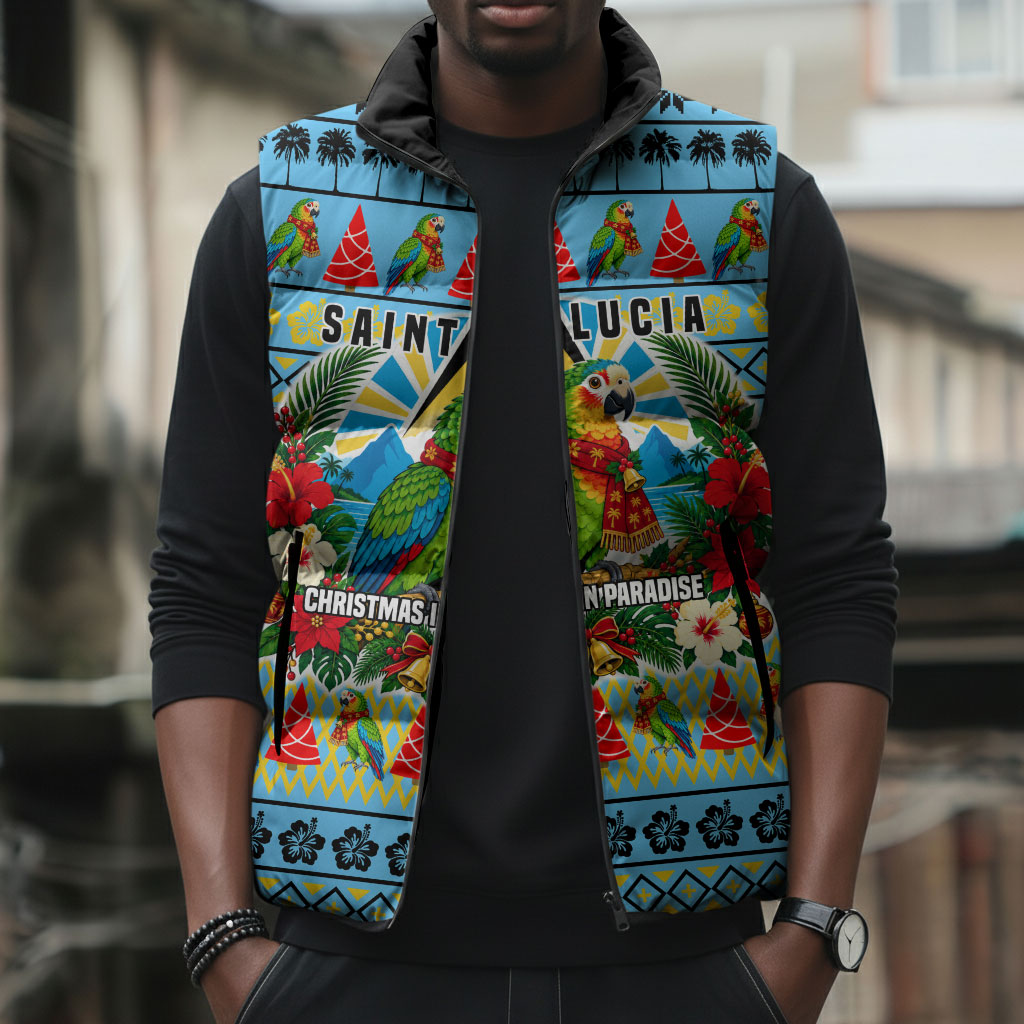 Saint Lucia Christmas In Paradise Sleeveless Puffer Jacket Tropical Parrot Santa Ugly Pattern Graphic Artwork