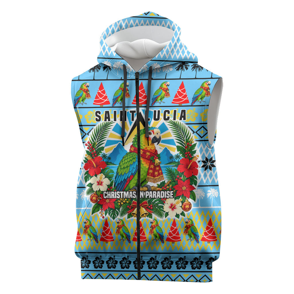 Saint Lucia Christmas In Paradise Sleeveless Zip Hoodie Tropical Parrot Santa Ugly Pattern Graphic Artwork