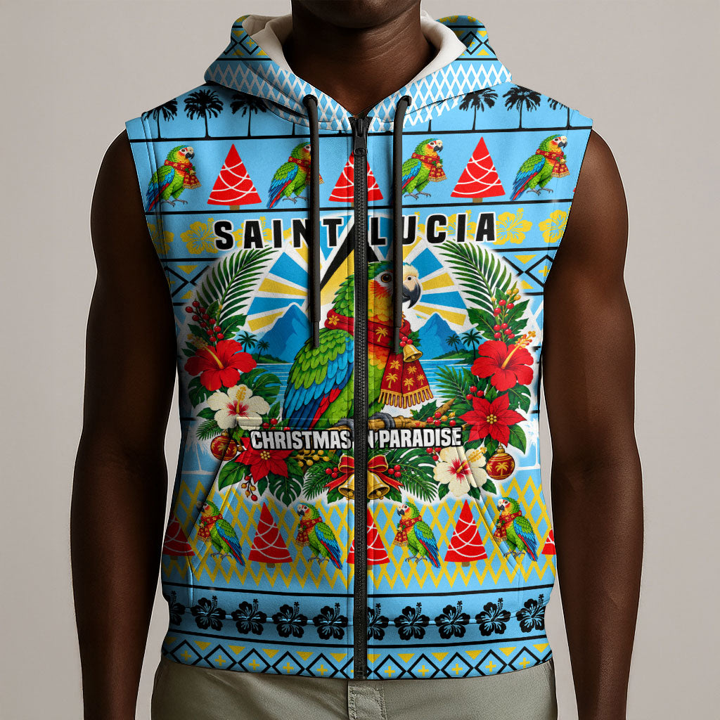 Saint Lucia Christmas In Paradise Sleeveless Zip Hoodie Tropical Parrot Santa Ugly Pattern Graphic Artwork