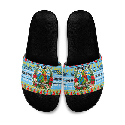 Saint Lucia Christmas In Paradise Slide Sandals Tropical Parrot Santa Ugly Pattern Graphic Artwork