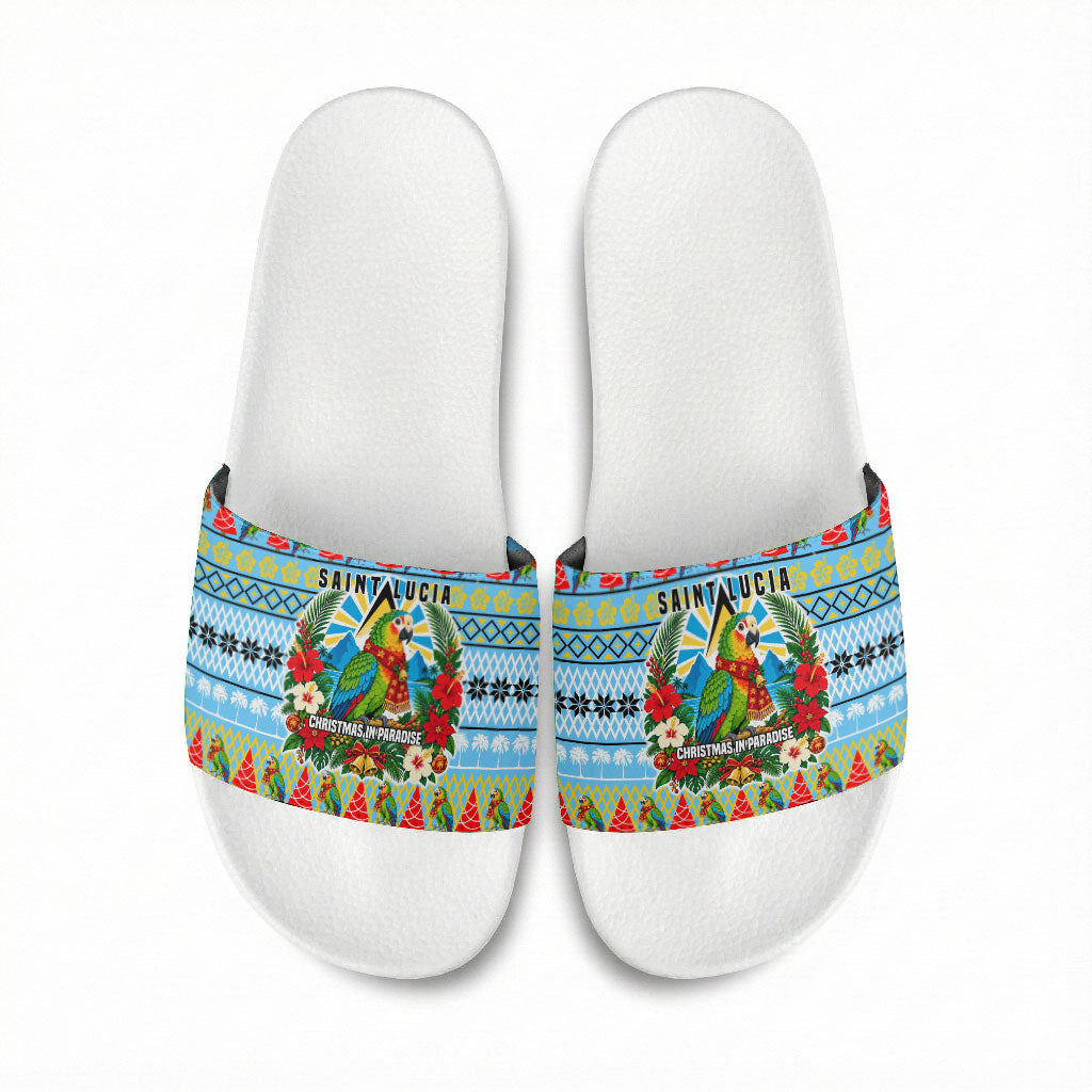 Saint Lucia Christmas In Paradise Slide Sandals Tropical Parrot Santa Ugly Pattern Graphic Artwork