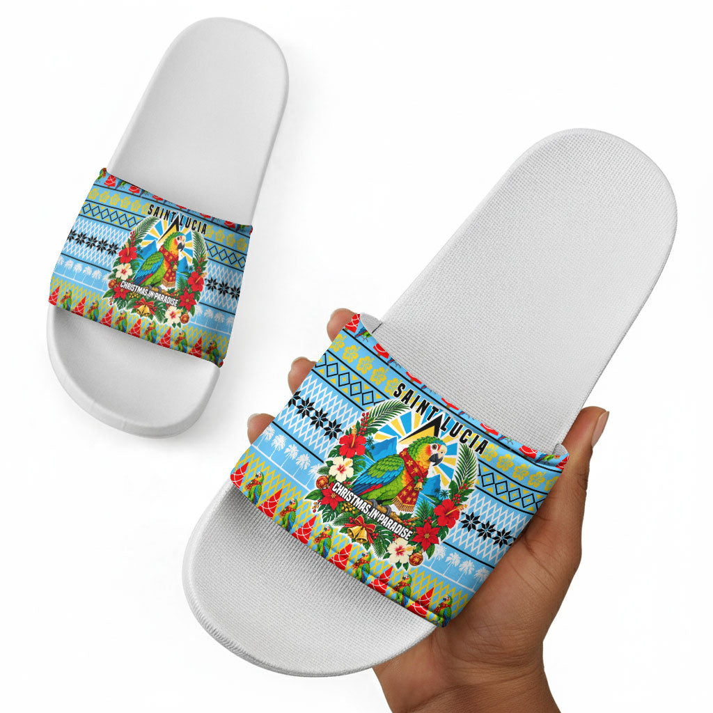Saint Lucia Christmas In Paradise Slide Sandals Tropical Parrot Santa Ugly Pattern Graphic Artwork