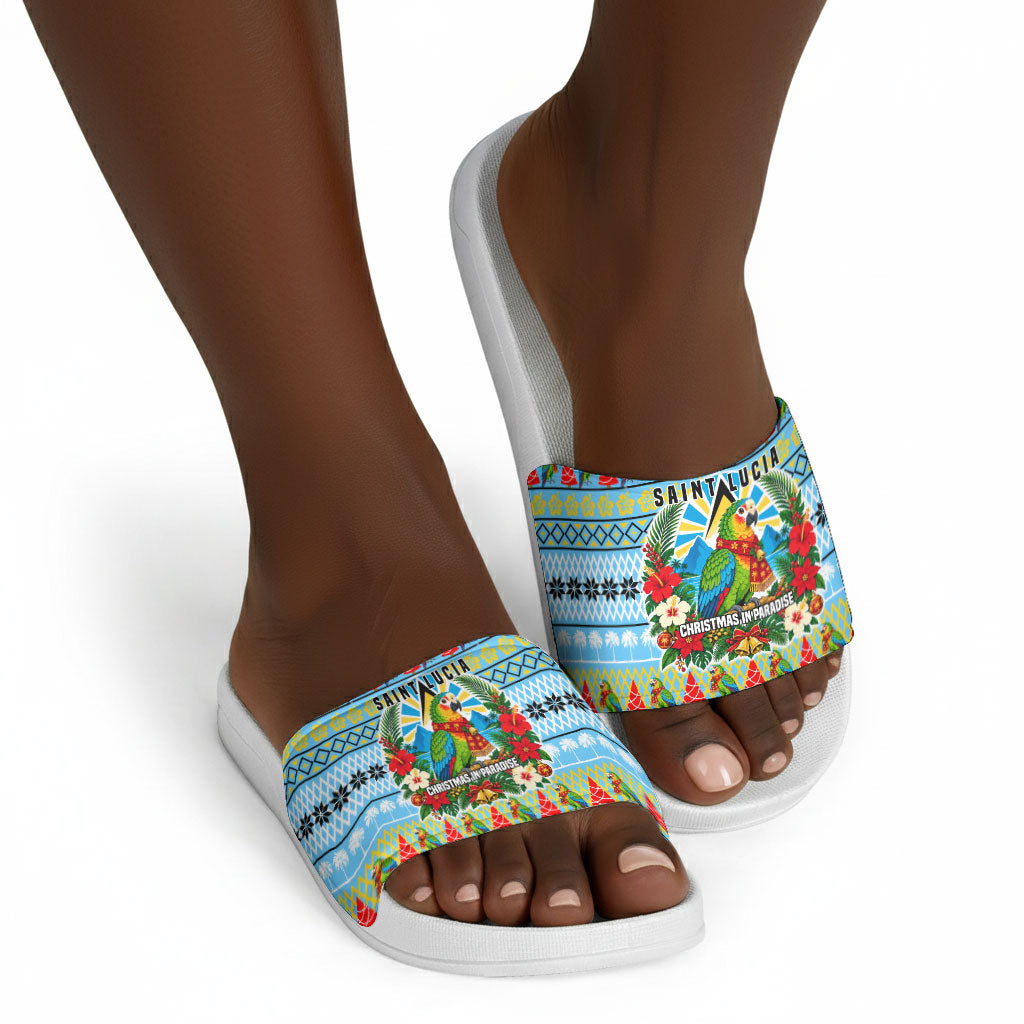 Saint Lucia Christmas In Paradise Slide Sandals Tropical Parrot Santa Ugly Pattern Graphic Artwork