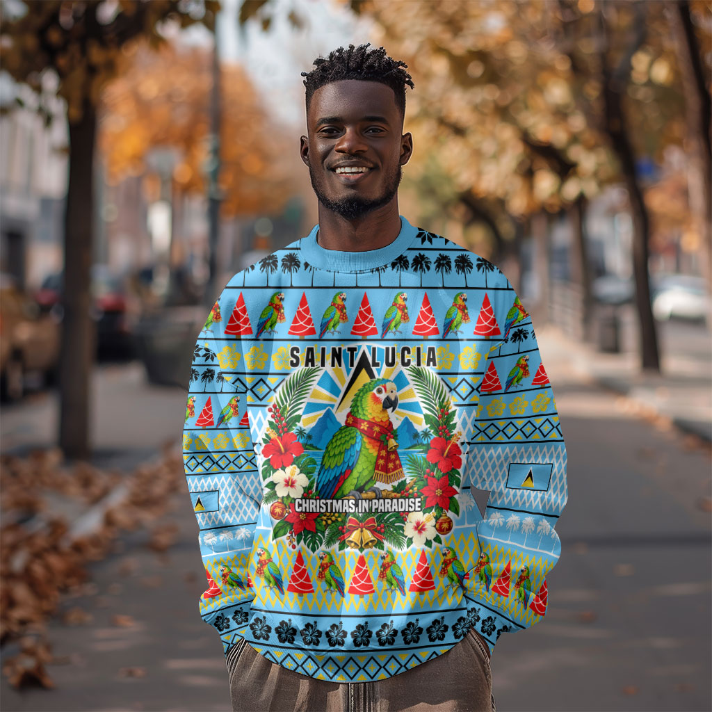 Saint Lucia Christmas In Paradise Sweatshirt Tropical Parrot Santa Ugly Pattern Graphic Artwork