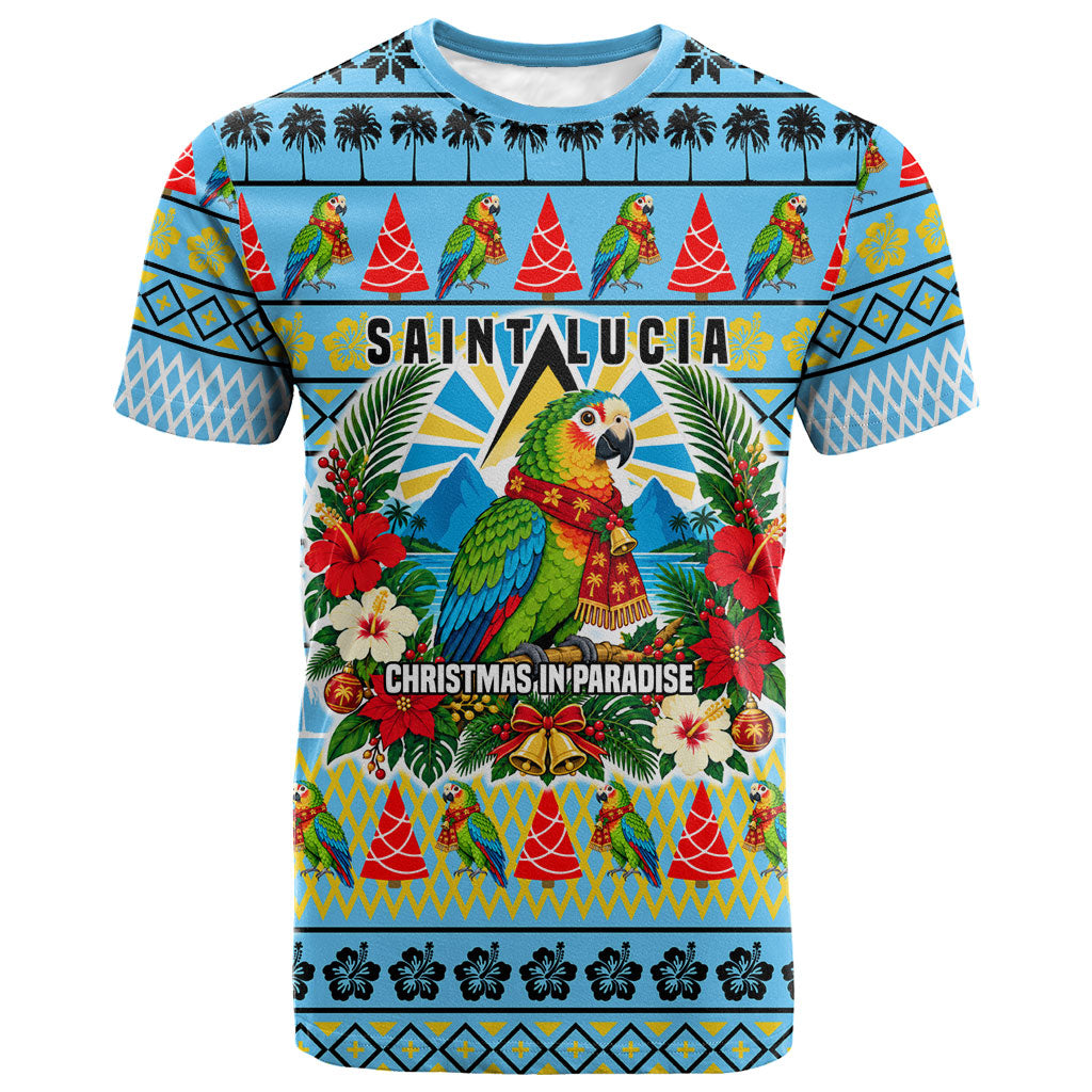 Saint Lucia Christmas In Paradise T shirt Tropical Parrot Santa Ugly Pattern Graphic Artwork