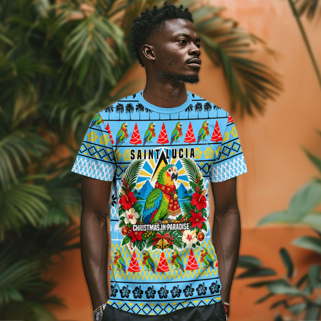 Saint Lucia Christmas In Paradise T shirt Tropical Parrot Santa Ugly Pattern Graphic Artwork