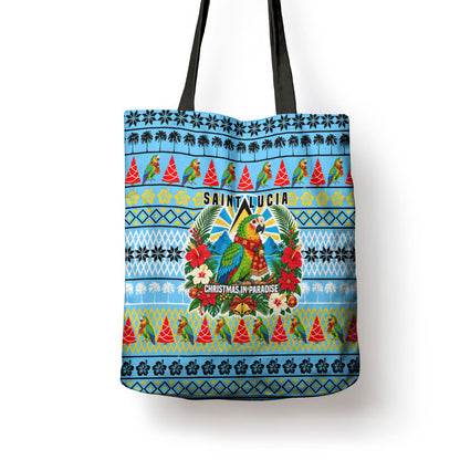 Saint Lucia Christmas In Paradise Tote Bag Tropical Parrot Santa Ugly Pattern Graphic Artwork