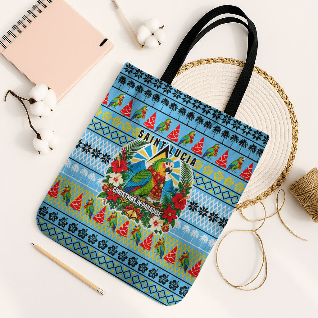 Saint Lucia Christmas In Paradise Tote Bag Tropical Parrot Santa Ugly Pattern Graphic Artwork
