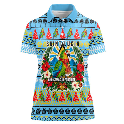 Saint Lucia Christmas In Paradise Women Polo Shirt Tropical Parrot Santa Ugly Pattern Graphic Artwork