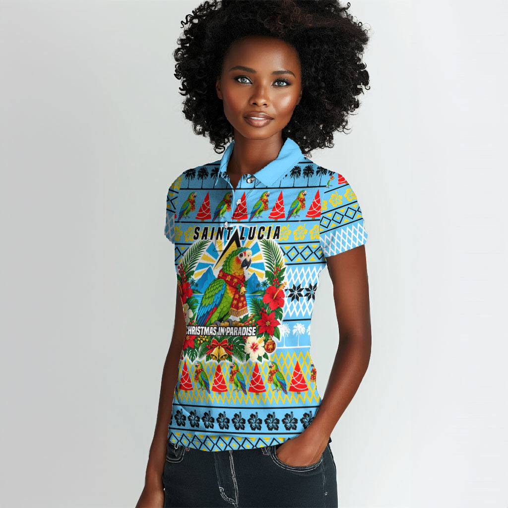 Saint Lucia Christmas In Paradise Women Polo Shirt Tropical Parrot Santa Ugly Pattern Graphic Artwork