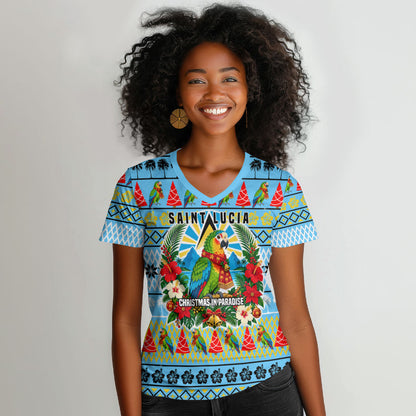 Saint Lucia Christmas In Paradise Women V-Neck T-Shirt Tropical Parrot Santa Ugly Pattern Graphic Artwork