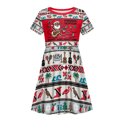 Parang Music Christmas Trinidad And Tobago Kid Short Sleeve Dress Scarlet Ibis Santa Merry Trini Christmas