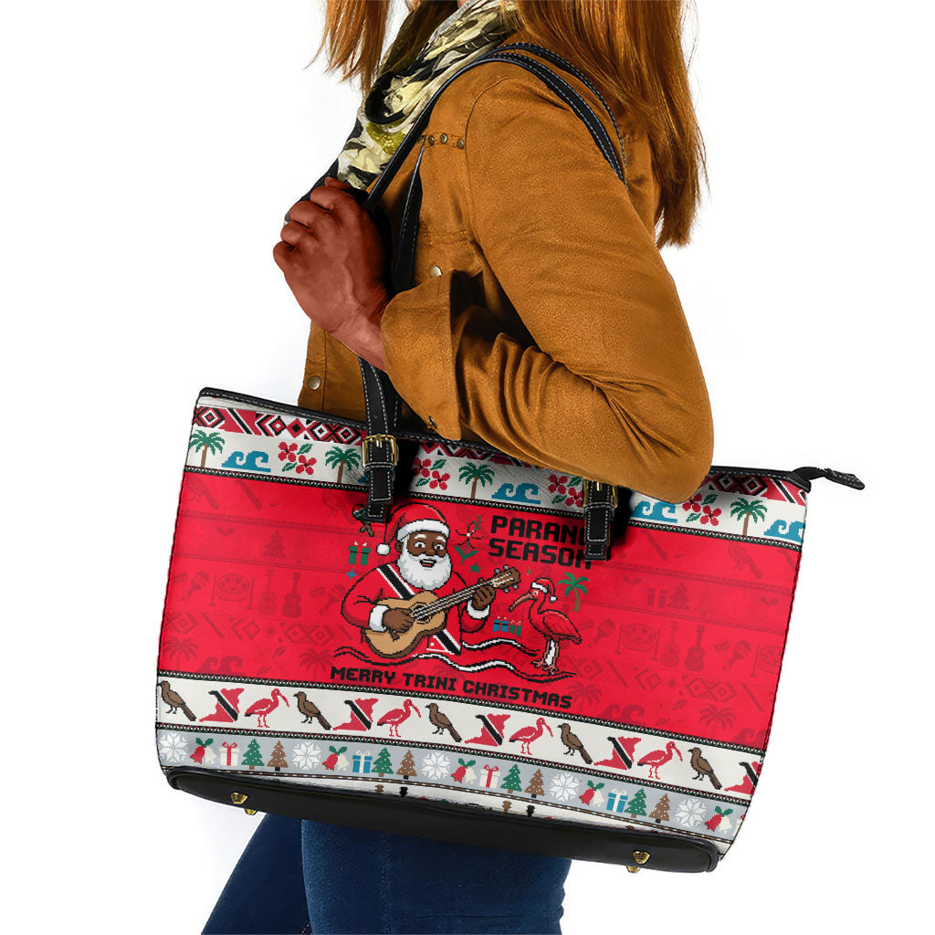 Parang Music Christmas Trinidad And Tobago Leather Tote Bag Scarlet Ibis Santa Merry Trini Christmas