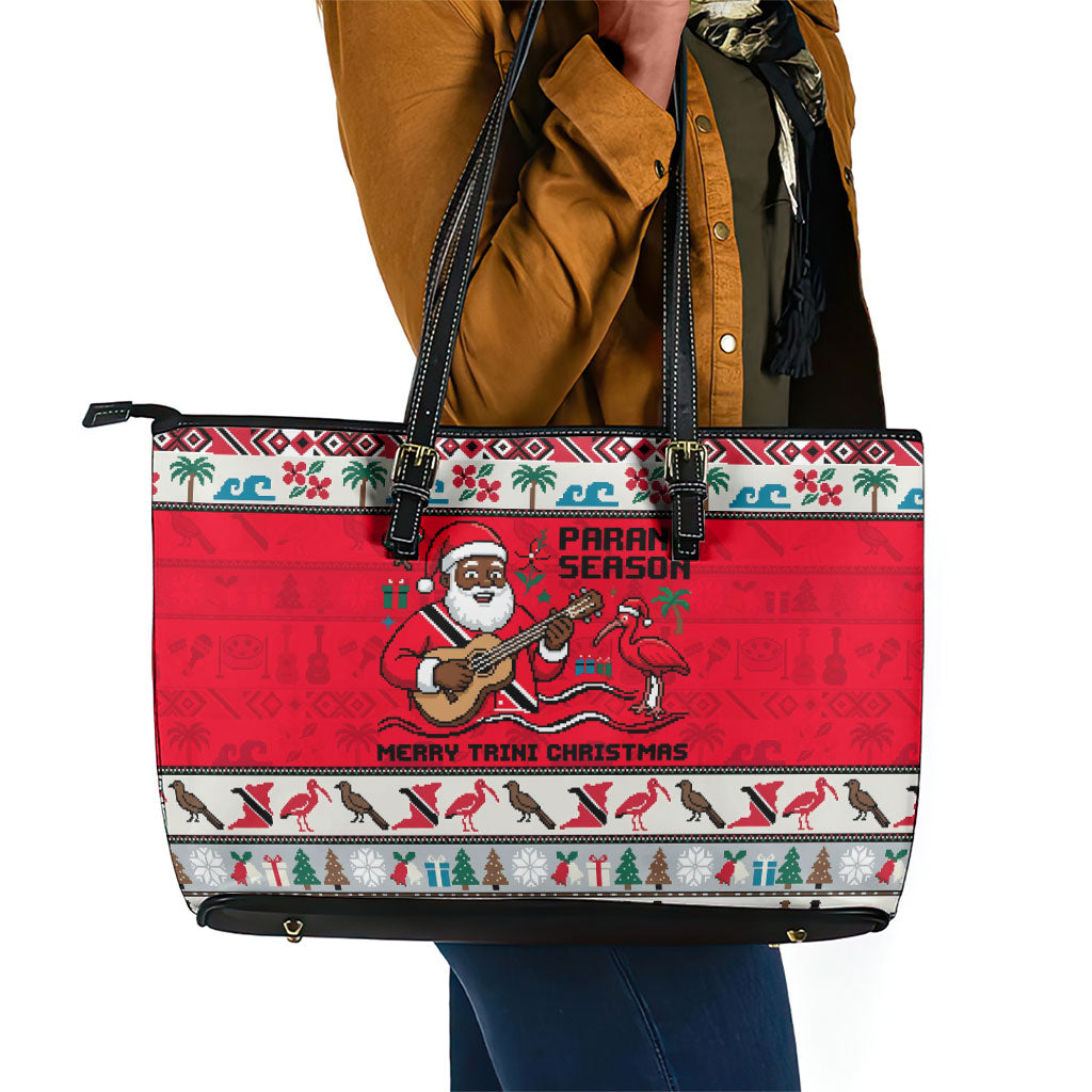 Parang Music Christmas Trinidad And Tobago Leather Tote Bag Scarlet Ibis Santa Merry Trini Christmas